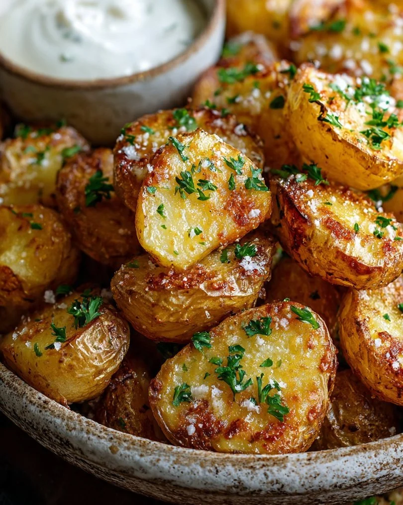 Crispy Parmesan potatoes served from the air fryer, golden and appetizing