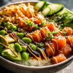 Crispy Rice Salmon Bowls with fresh ingredients and colorful toppings