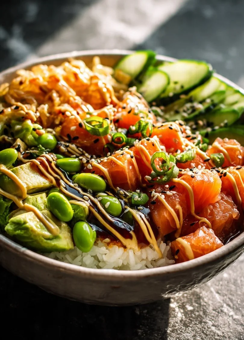 Crispy Rice Salmon Bowls with fresh ingredients and colorful toppings