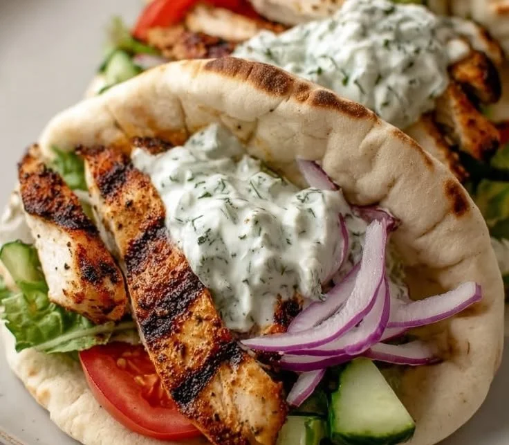 Crockpot Greek Chicken stuffed in pitas with fresh ingredients.