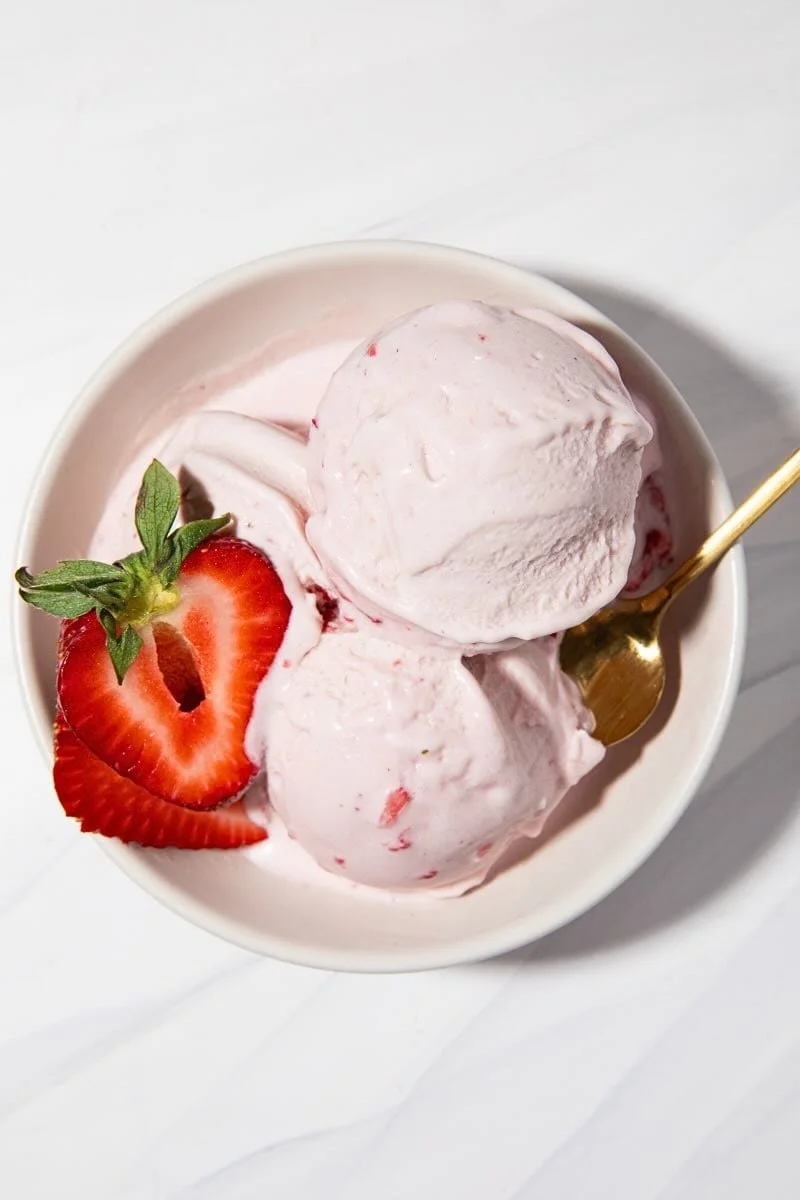 Dairy Free Ninja Creami Strawberry Protein Ice Cream in a bowl