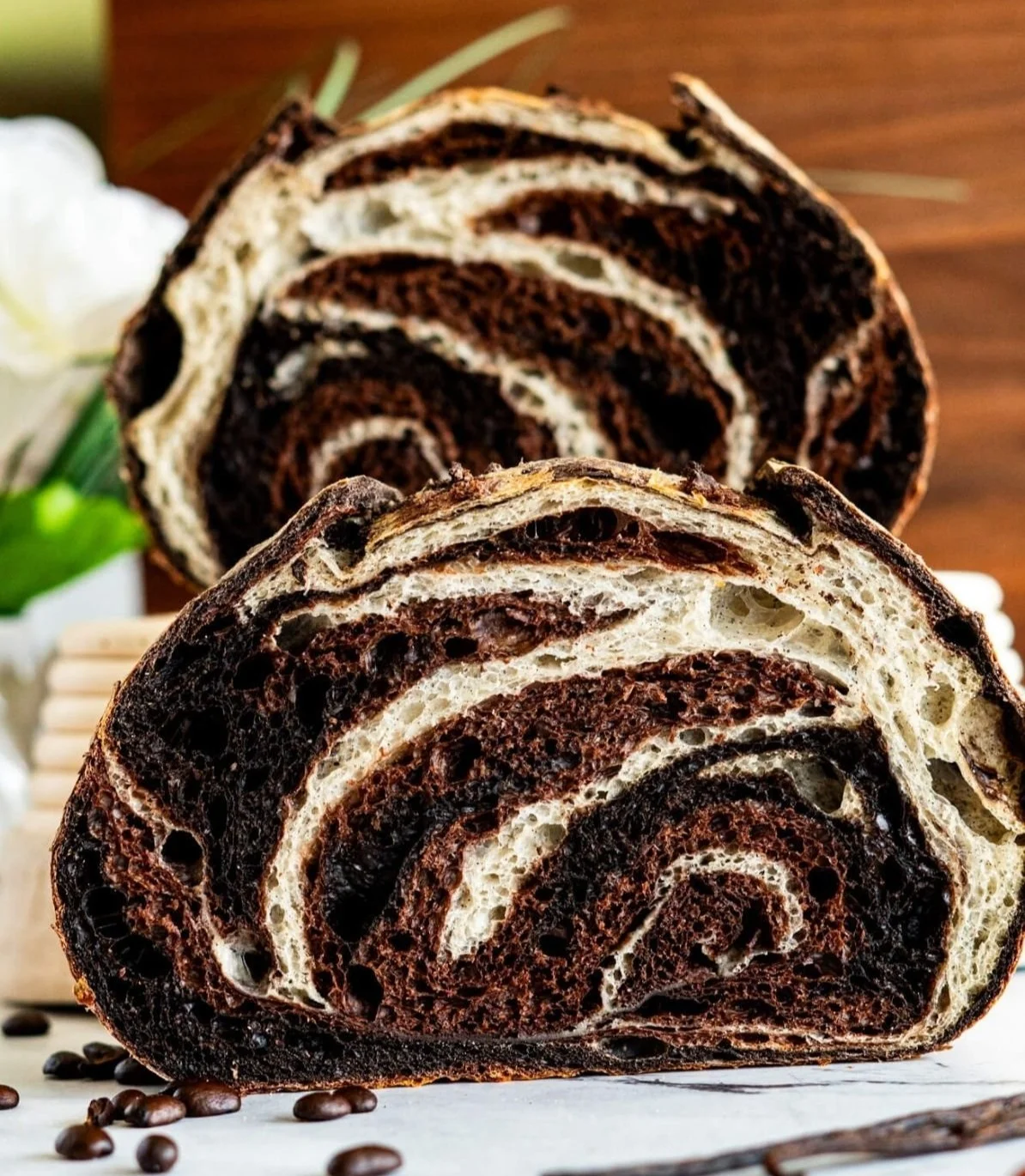 Delicious double chocolate vanilla swirl sourdough bread fresh from the oven