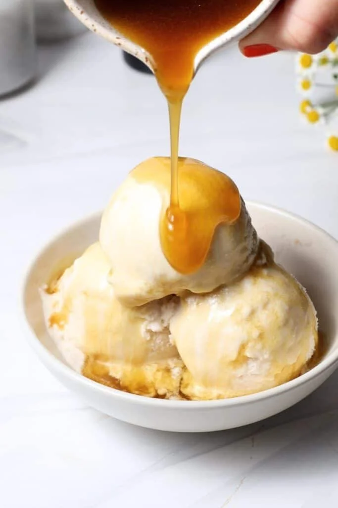 Delicious olive oil caramel sauce drizzled over dessert