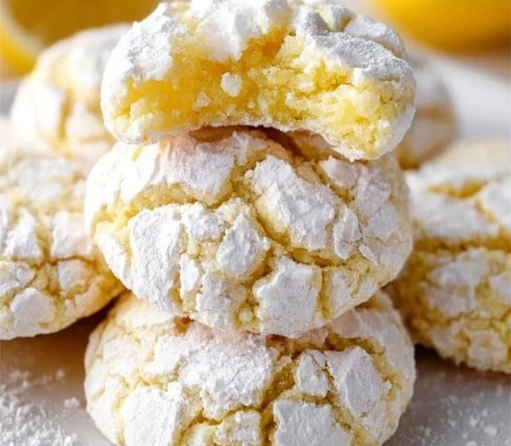 Freshly baked easy lemon crinkle cookies dusted with powdered sugar
