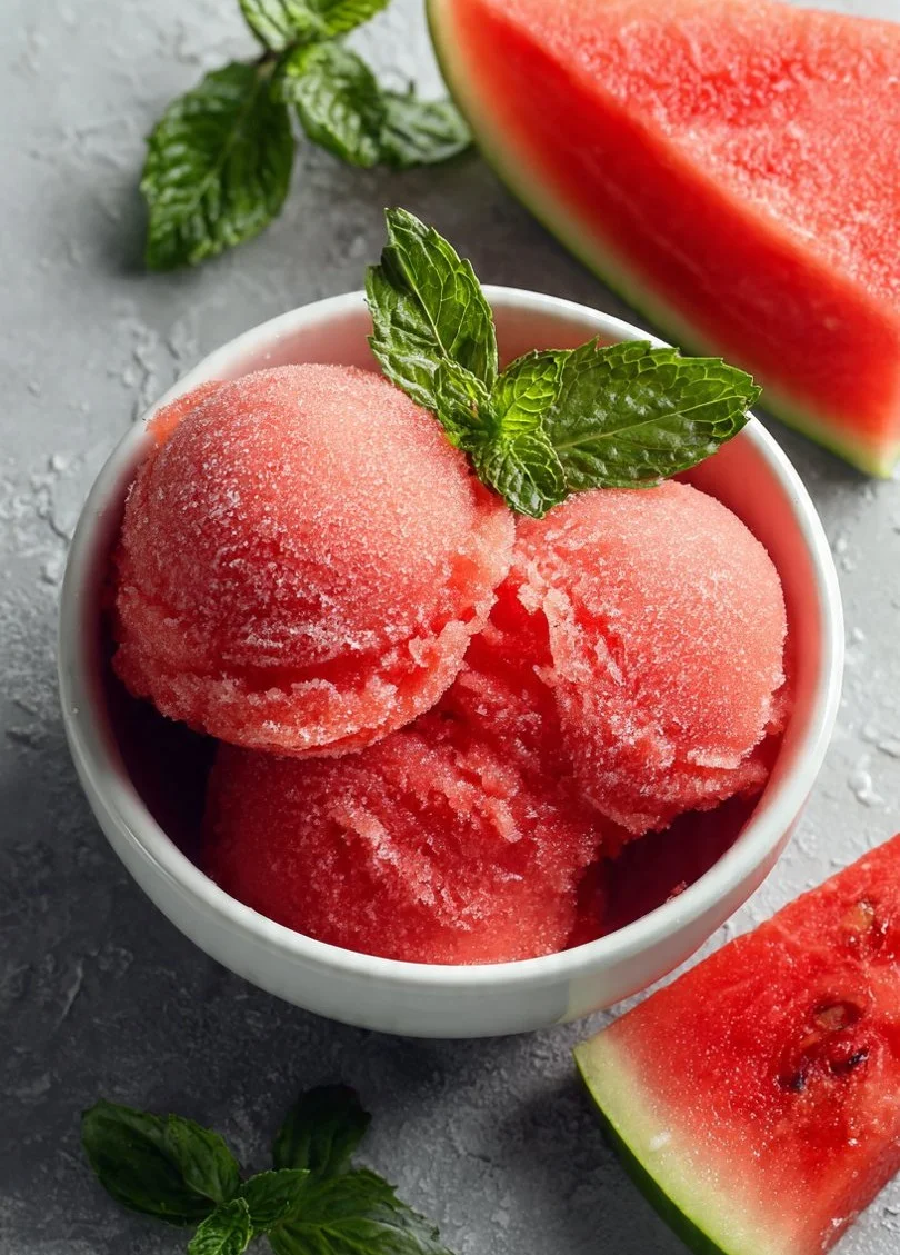 Delicious electrolyte-packed watermelon sorbet in a bowl with fresh mint leaves.