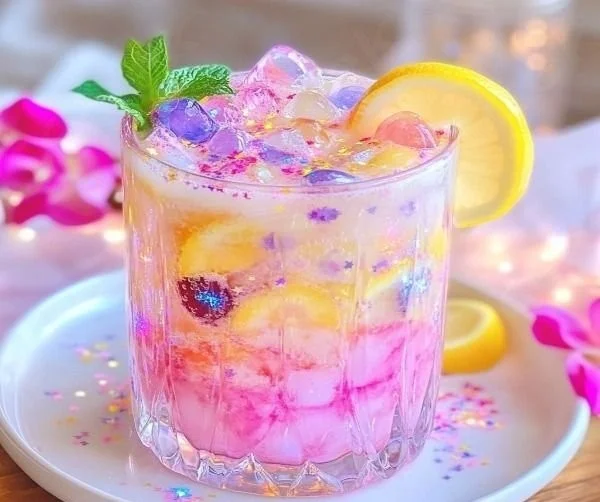 A refreshing glass of enchanted unicorn lemonade with colorful swirls