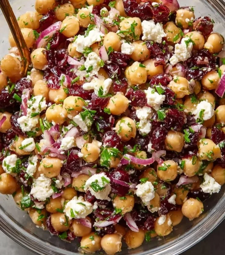 Feta and Cranberry Chickpea Salad in a vibrant bowl