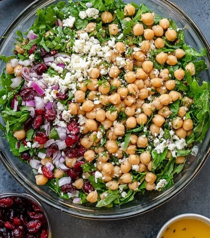 Feta and Cranberry Chickpea Salad with fresh ingredients