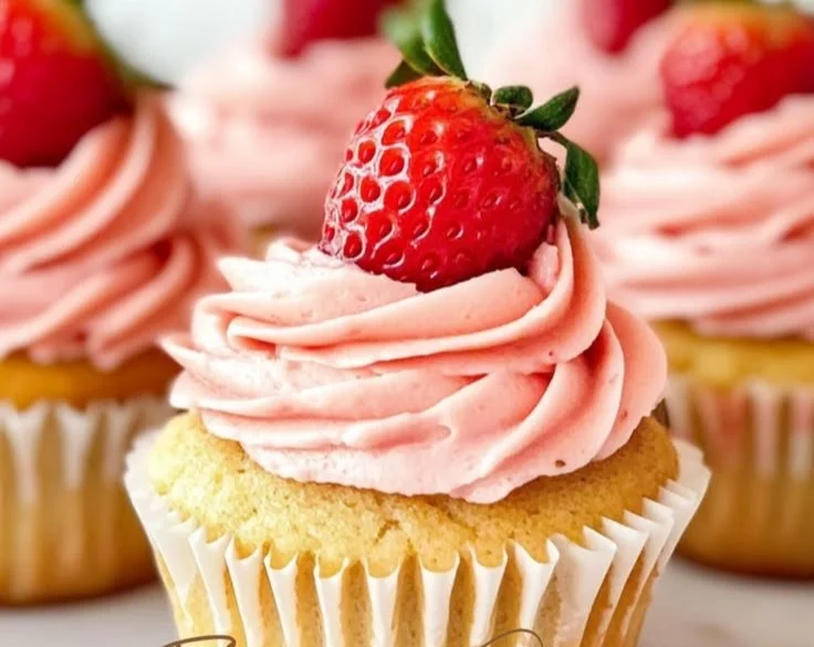 Delicious fresh strawberry cupcakes with cream frosting and whole strawberries on top