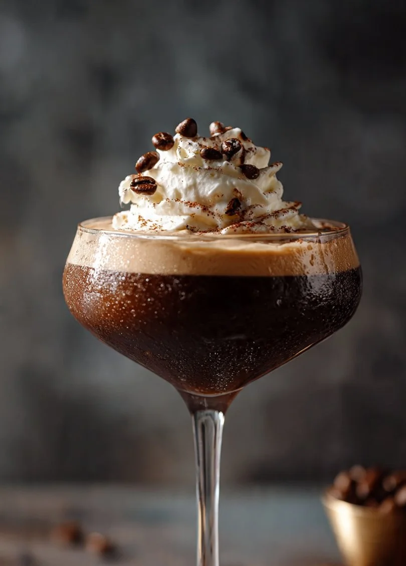 Frozen Espresso Martini mocktail served in a chilled glass with coffee beans garnish