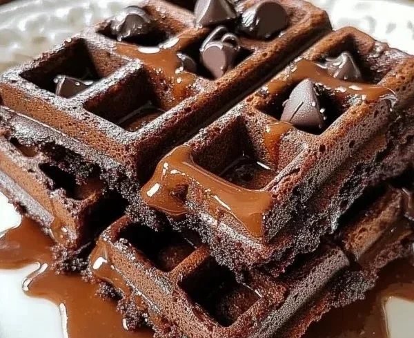 Delicious fudgy brownie waffles topped with chocolate sauce and berries