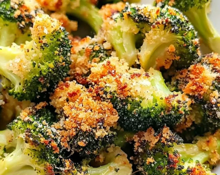 Bowl of Garlic Parmesan Roasted Broccoli garnished with parsley