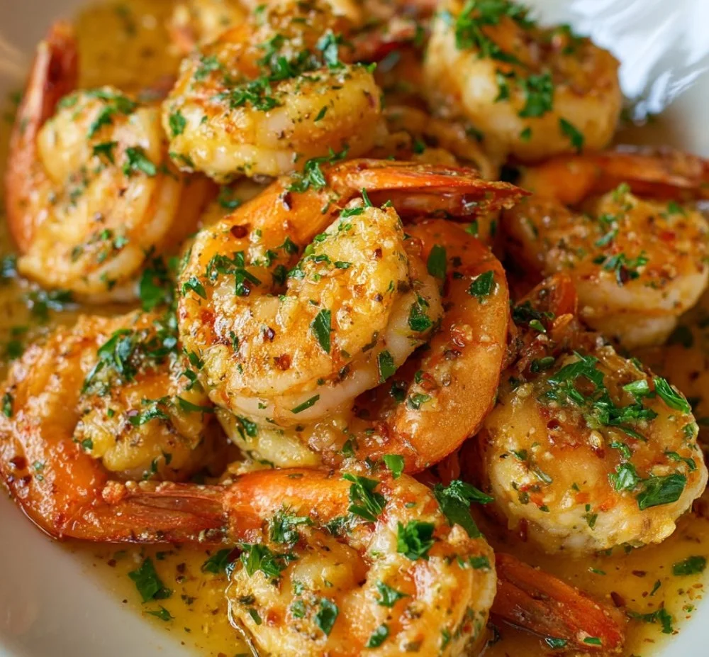 Plate of Garlic Parmesan Roasted Shrimp garnished with herbs and parmesan cheese
