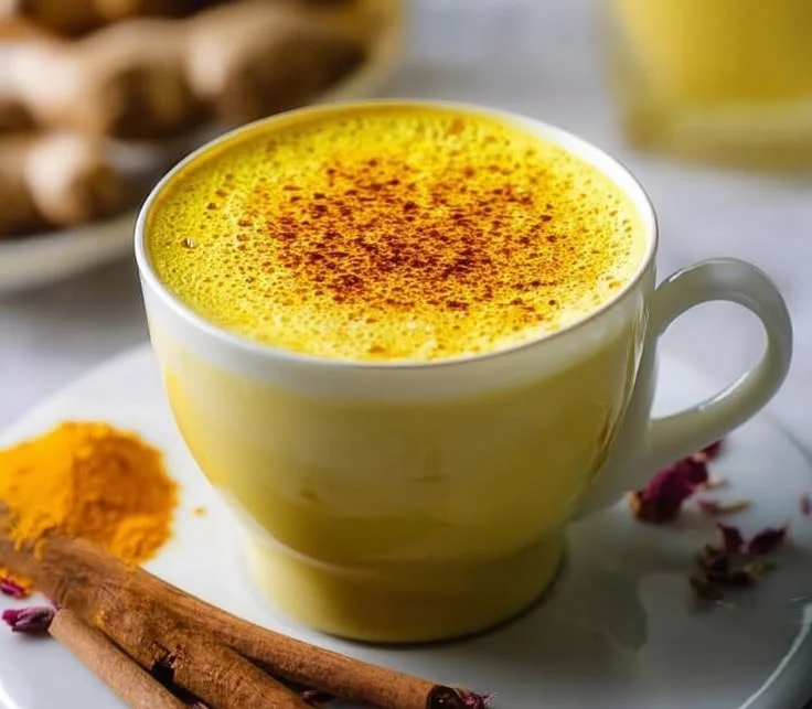 A cup of golden milk with turmeric and spices, promoting health benefits.