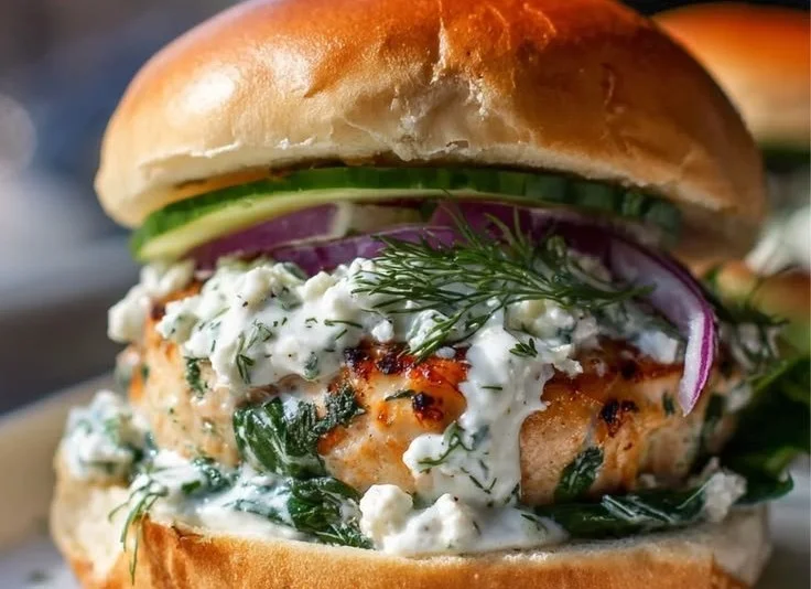 Greek Chicken Burger garnished with tzatziki sauce and fresh vegetables