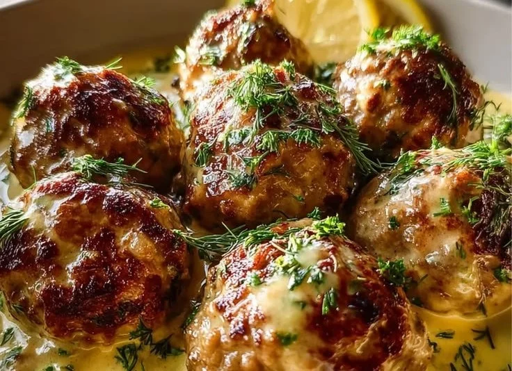 Plate of Greek meatballs served with lemon sauce and fresh herbs
