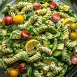 Green Goddess Pasta Salad with fresh vegetables and herbs, served in a bowl.