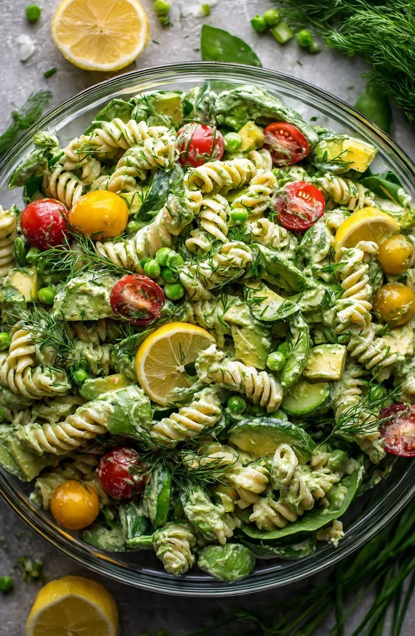 Green Goddess Pasta Salad with fresh vegetables and herbs, served in a bowl.
