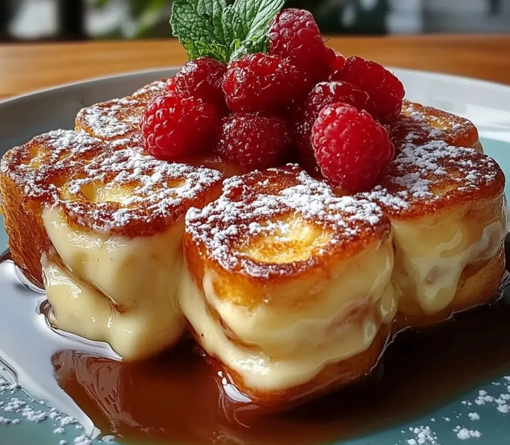 Plated Hawaiian Roll French Toast topped with syrup and berries