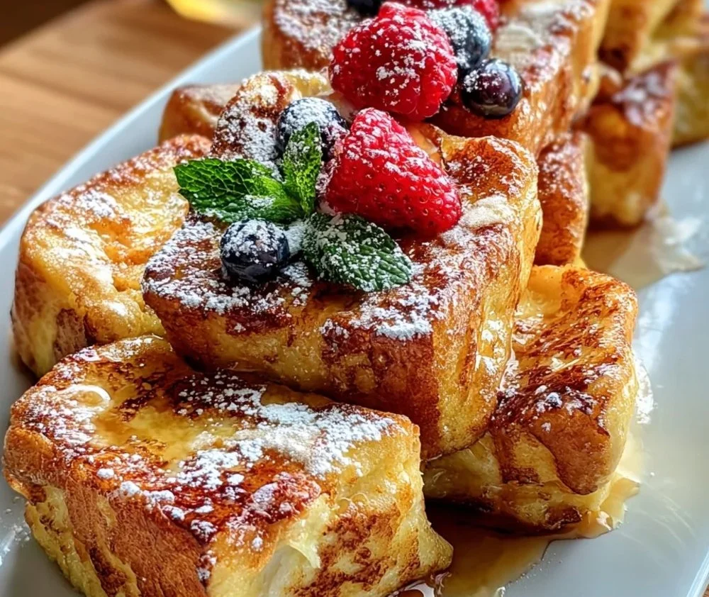 Hawaiian Roll French Toast topped with syrup and fresh fruit on a plate.