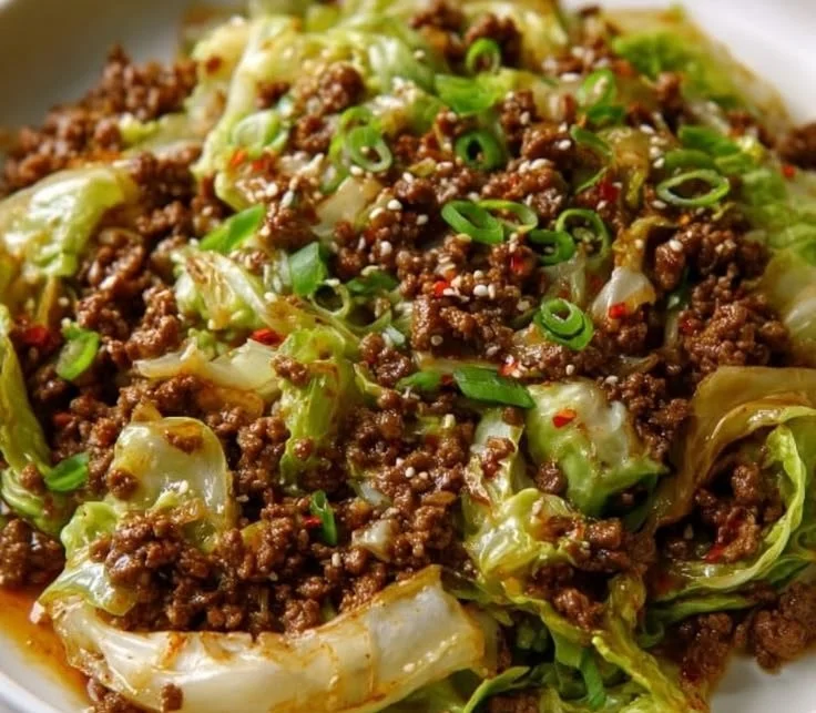 Healthy Chinese Ground Beef and Cabbage Stir Fry dish served in a bowl