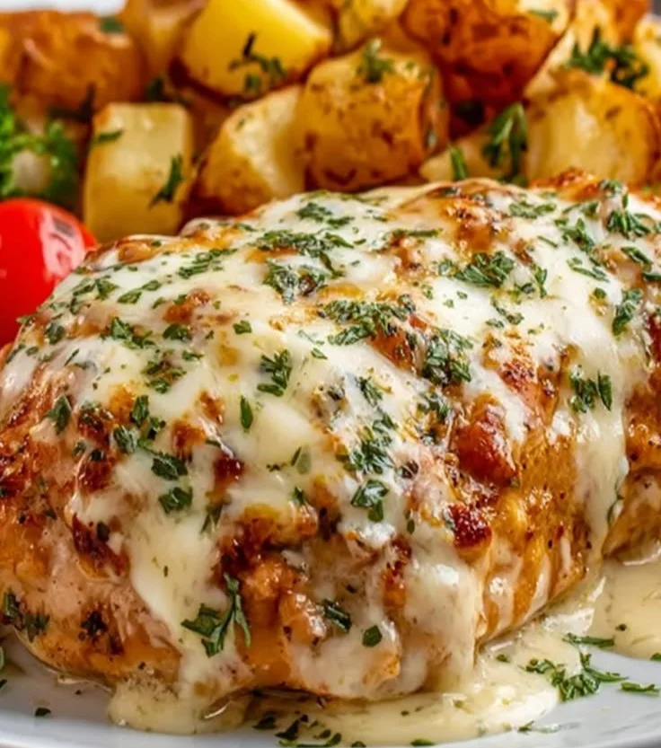 High protein cheesy chicken potatoes dish with melted cheese and spices.