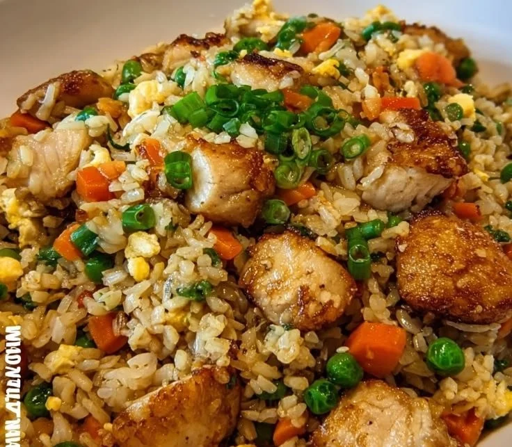 High protein crispy garlic chicken fried rice served in a bowl.