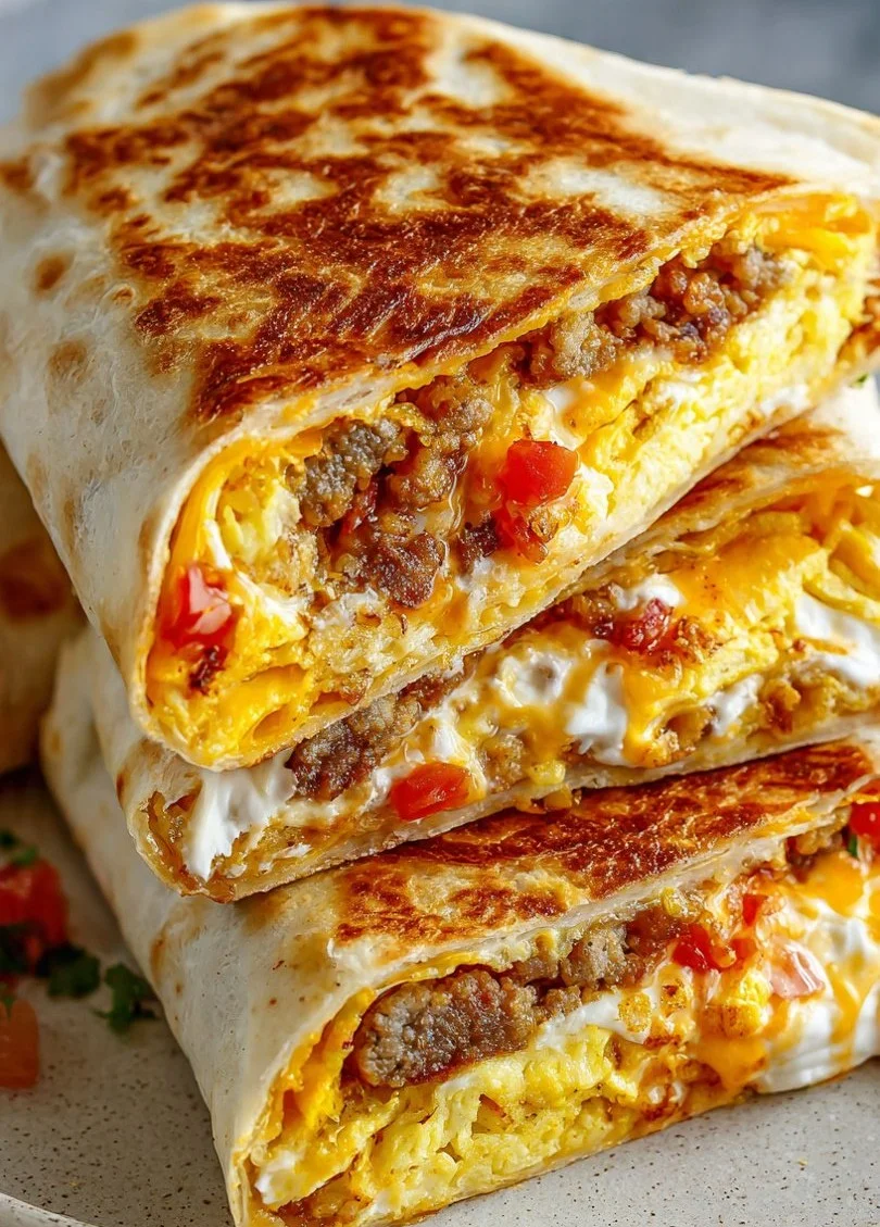 Homemade Breakfast Crunchwrap Supreme filled with eggs, cheese, and bacon.