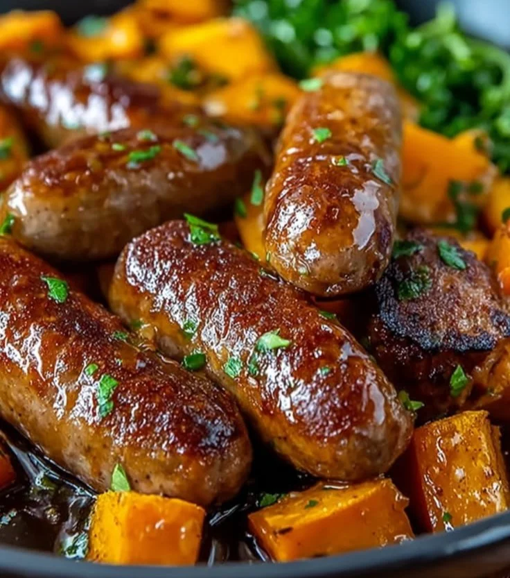 Honey Garlic Sausage served with roasted sweet potatoes on a plate