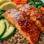 Delicious hot honey salmon quinoa glow bowl topped with fresh vegetables.
