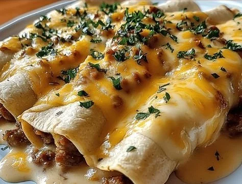 Delicious breakfast enchiladas with sausage gravy served on a plate