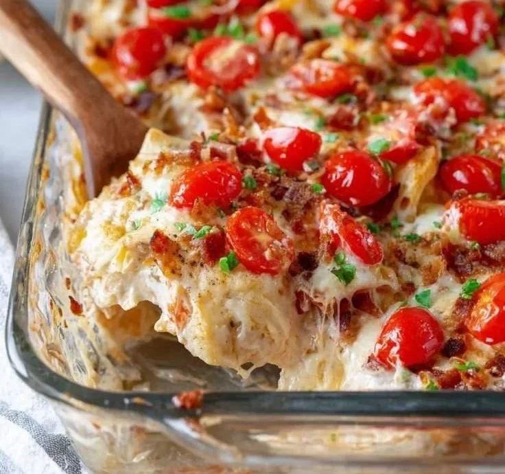 Kentucky Hot Brown Casserole topped with cheese and bacon, served in a baking dish.