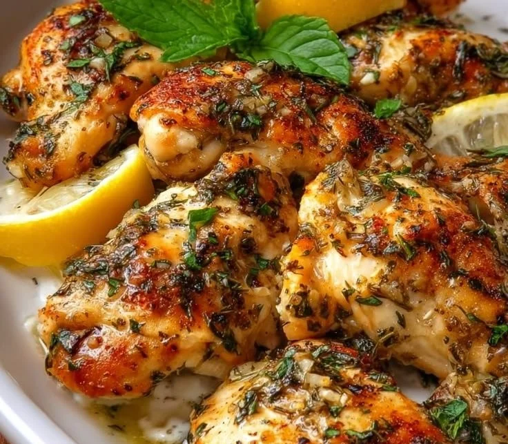 Lebanese Lemon Garlic Chicken garnished with fresh herbs and lemon slices
