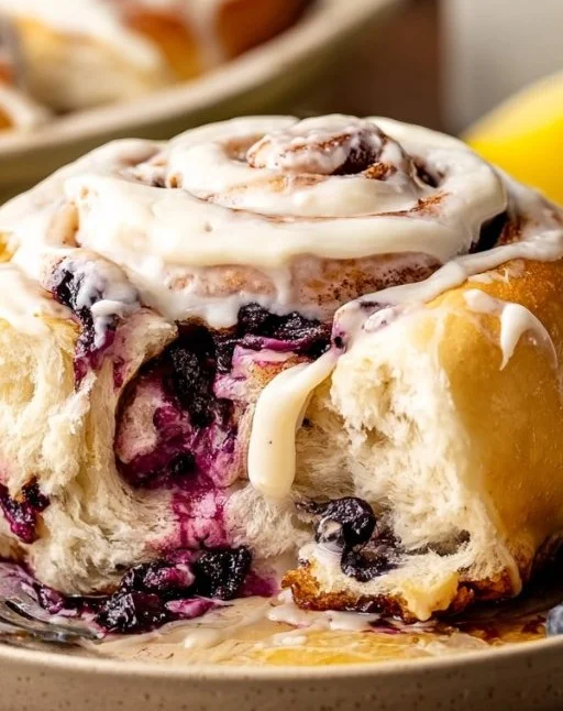 Freshly baked lemon blueberry rolls with icing on a wooden table