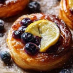 Lemon blueberry upside-down pastries with fresh blueberries and lemon glaze.