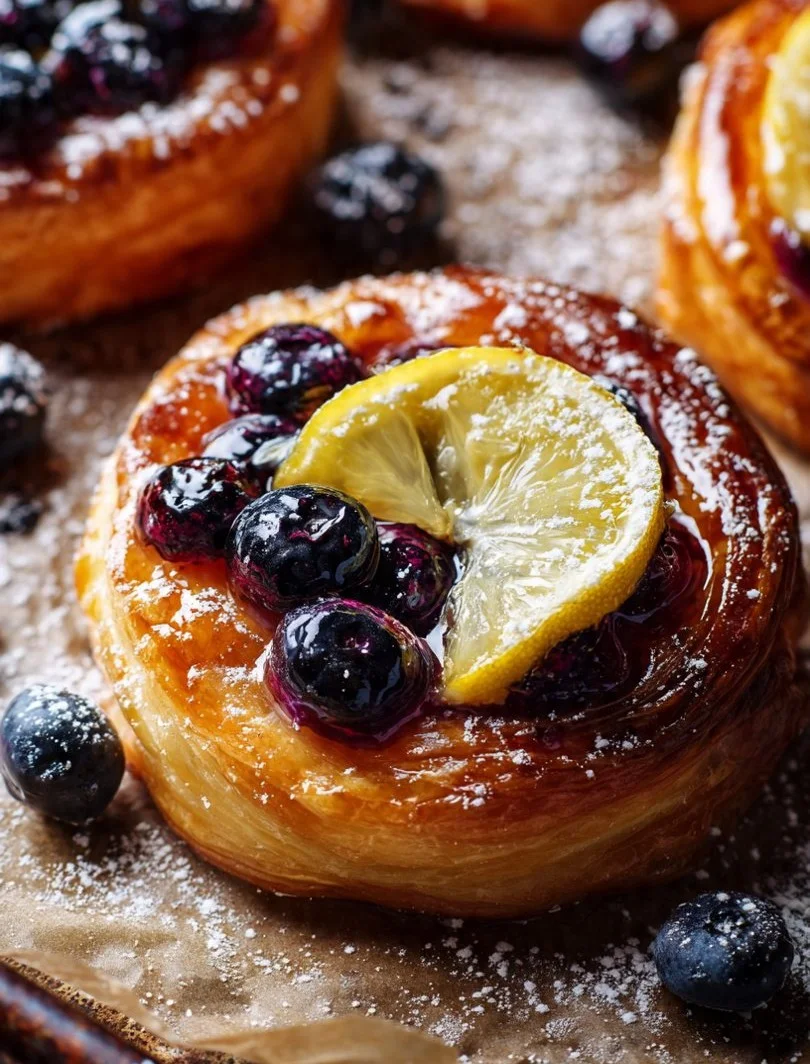 Lemon blueberry upside-down pastries with fresh blueberries and lemon glaze.