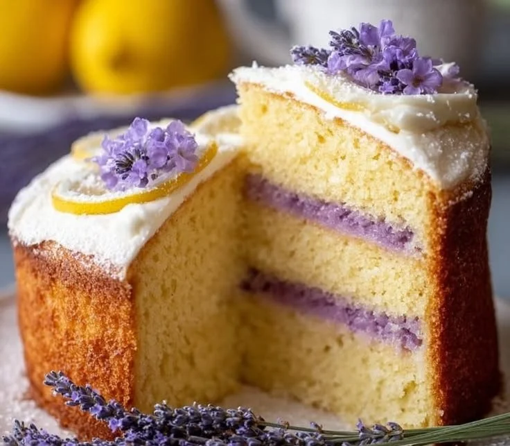 Beautifully crafted Lemon Lavender Cake topped with fresh lavender sprigs.