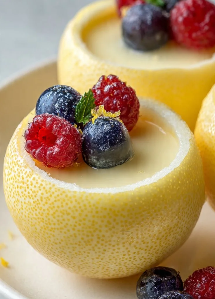 Lemon posset served in lemon shells, a refreshing dessert delicacy.