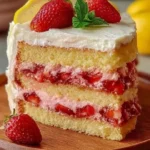 Slices of Lemon Strawberry Cake with fresh strawberries and lemon zest decoration.
