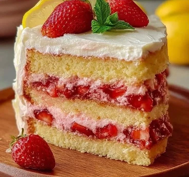 Slices of Lemon Strawberry Cake with fresh strawberries and lemon zest decoration.