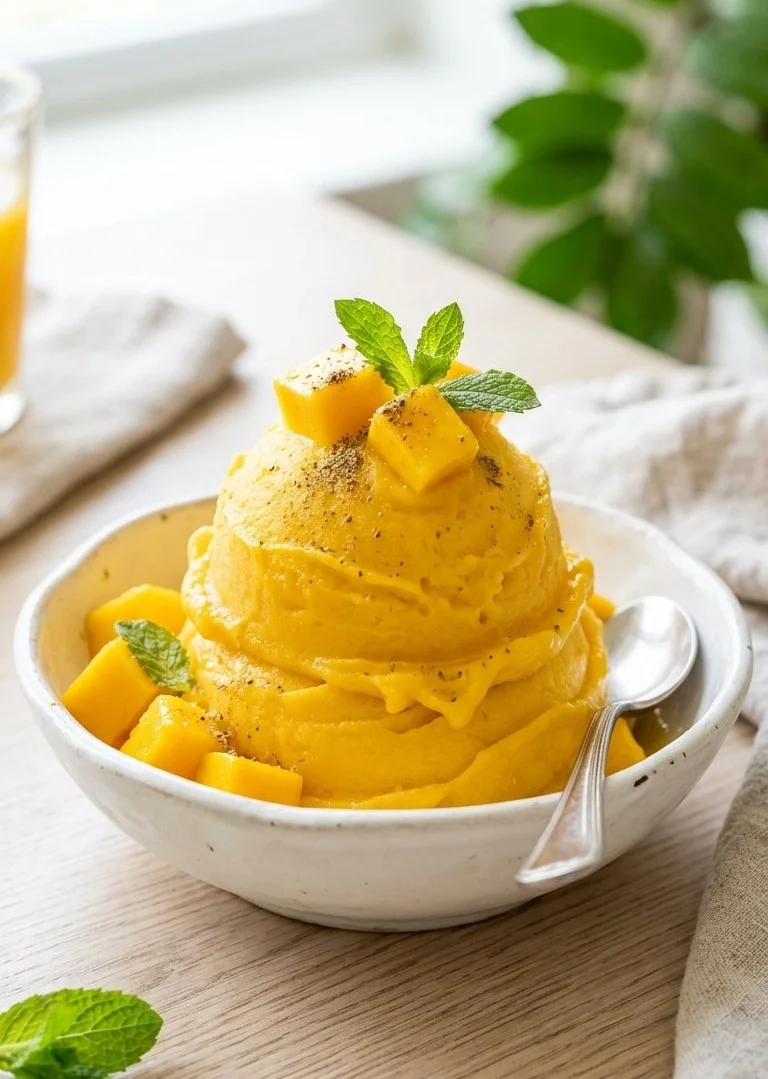 Mango Lassi Frozen Sorbet in a bowl garnished with mint leaves