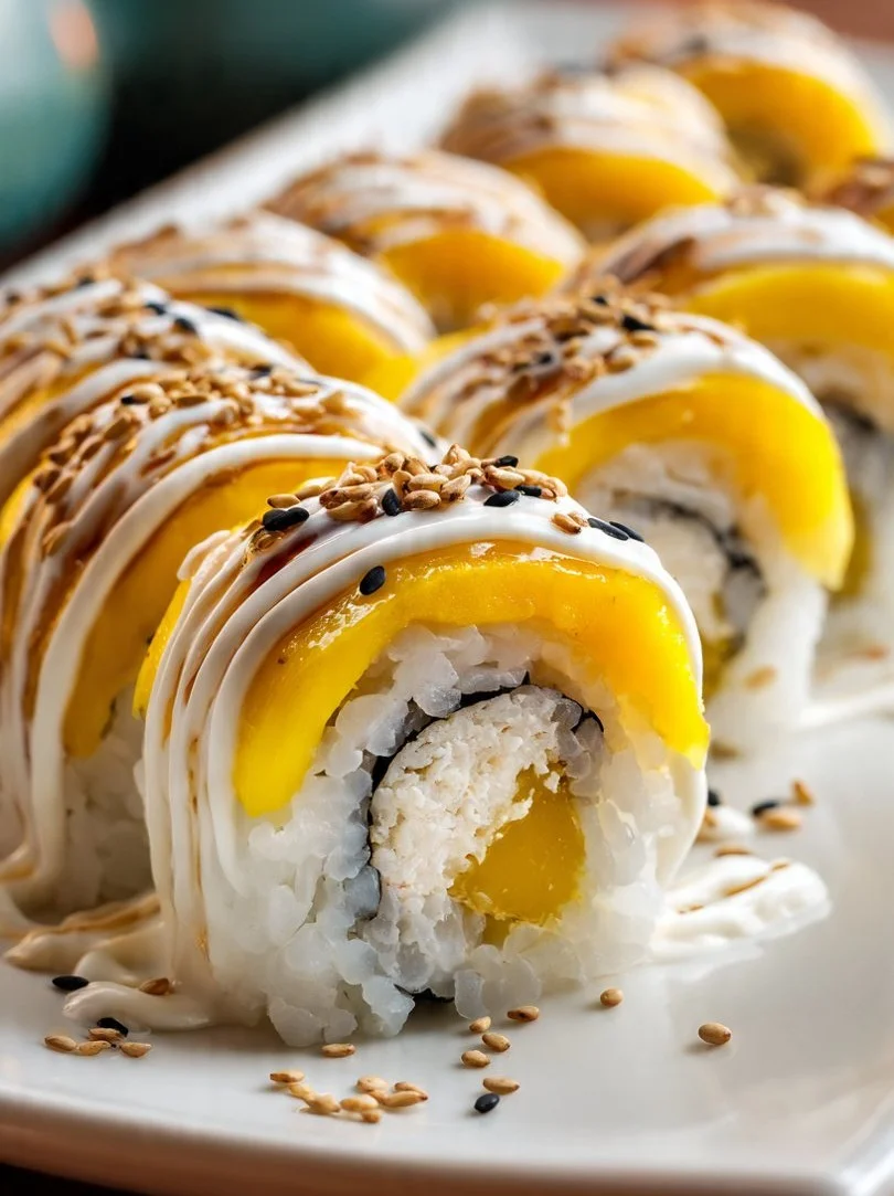 Mango Sticky Rice Sushi Roll with fresh mango and coconut rice.