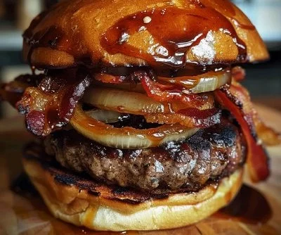 Maple Bourbon BBQ Bacon Burger with caramelized onions on a rustic wooden plate