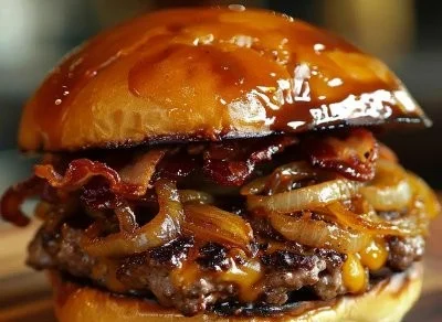 Maple Bourbon BBQ Bacon Burger with Caramelized Onions