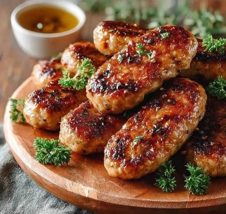Delicious Maple Chicken Breakfast Sausages on a plate with herbs