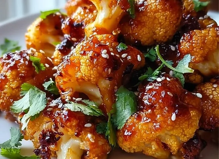 A bowl of Maple Sriracha Cauliflower drizzled with sriracha and maple syrup.