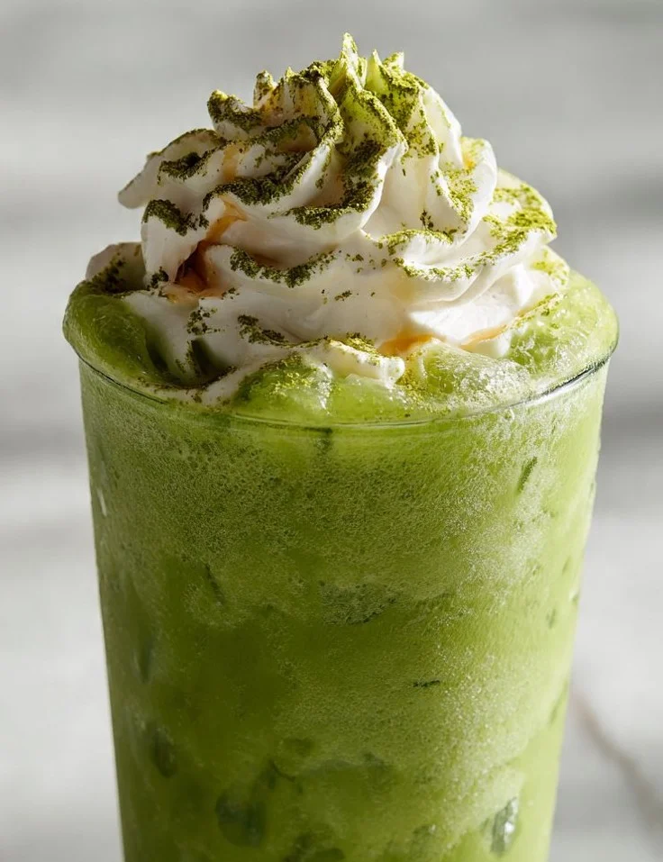 Matcha green tea honey slush served in a glass with mint leaves garnish