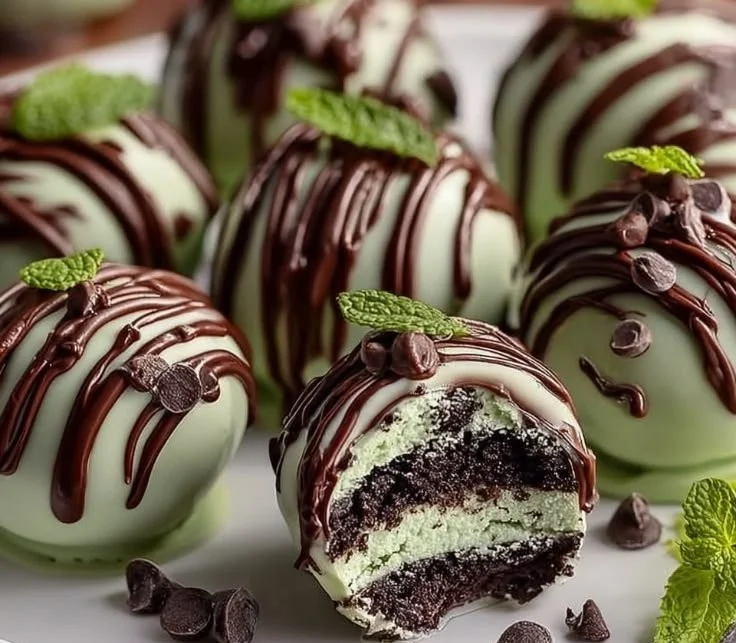 Mint Oreo Truffles on a decorative plate, showcasing their minty green filling and chocolate coating.