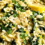 One-Pan Lemony Leek Orzo dish served in a bowl with fresh herbs.