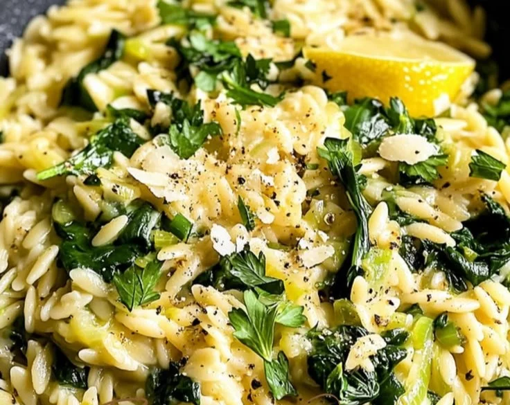 One-Pan Lemony Leek Orzo dish served in a bowl with fresh herbs.